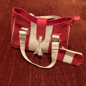 Raspberry Pink Suede and White Leather Handbag & Coin Purse